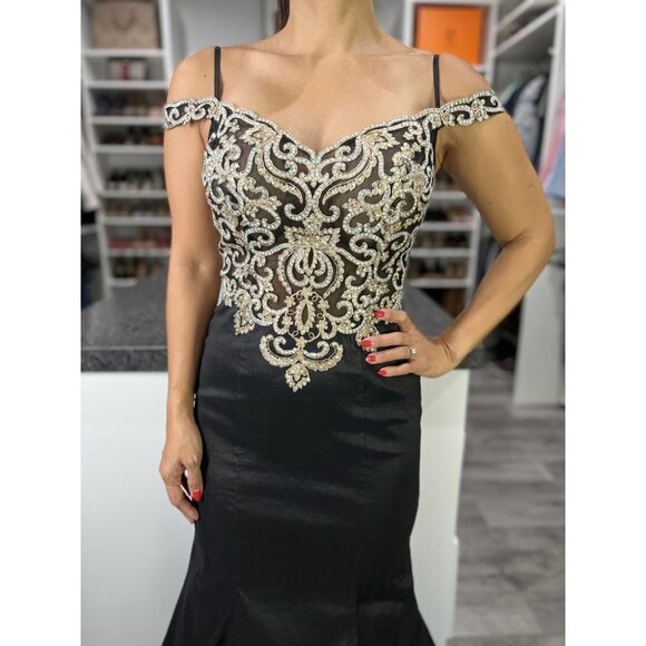 Jovani Black Gold Embroidered Mermaid Gown $499 - Picture 5 of 13